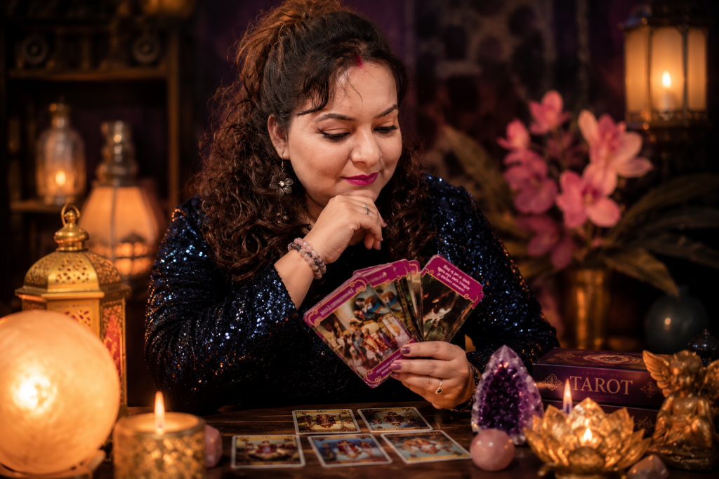 Mystical tarot reading in cozy ambiance